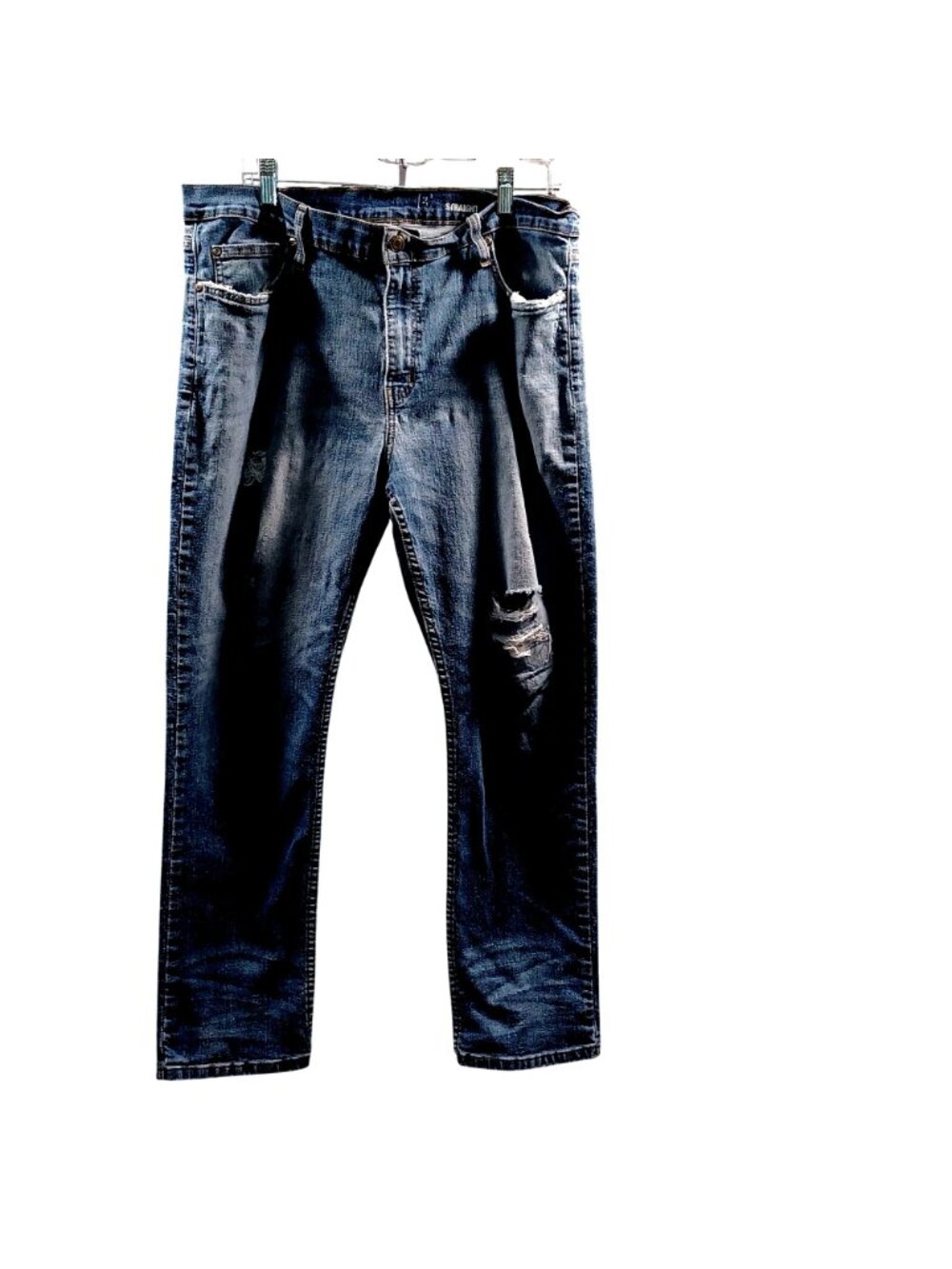 Jeans Distressed Denim Ripped Frayed Grunge Straight Leg Medium Wash Mens 38x30